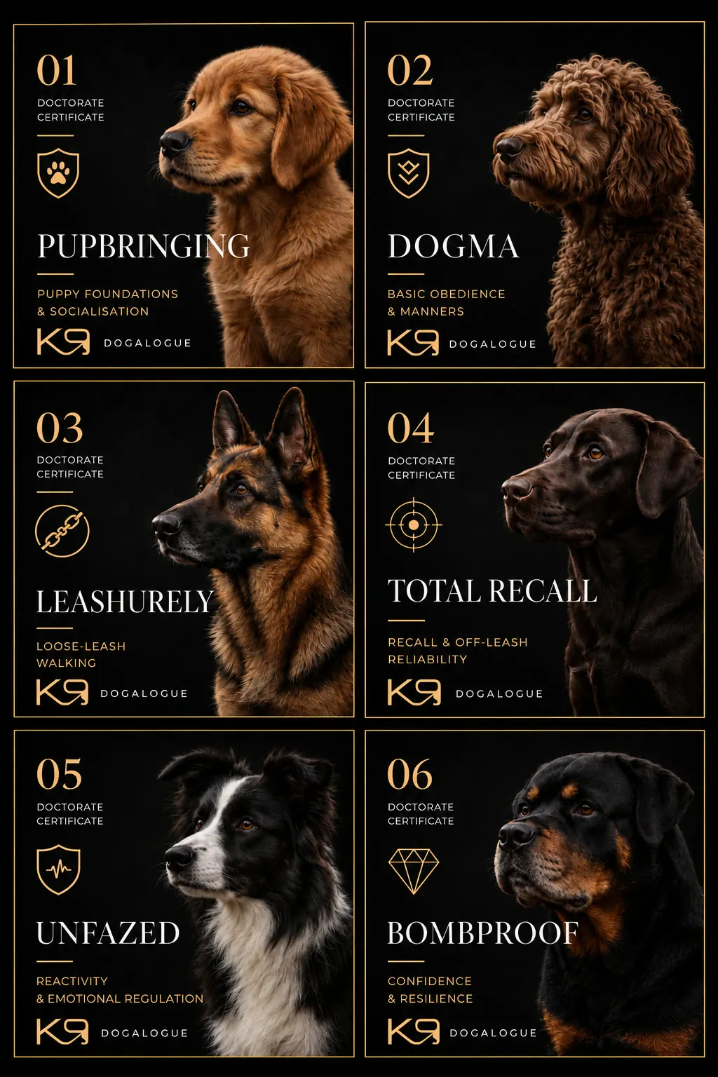 Large K9 Dogalogue Dogtorate certificate graphic: Pupbringing, Dogma, Leashurely, Total Recall, Unfazed and Bombproof