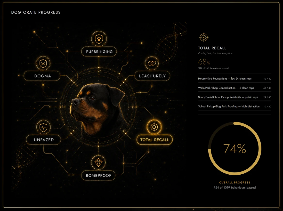 The K9 Dogalogue owner portal showing a dog's behaviour progress summary