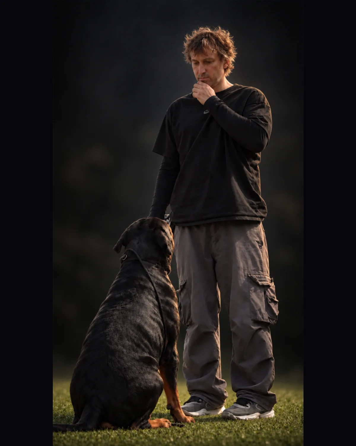 Ryan McKenzie, K9 Dogalogue, standing with a Rottweiler sitting at heel